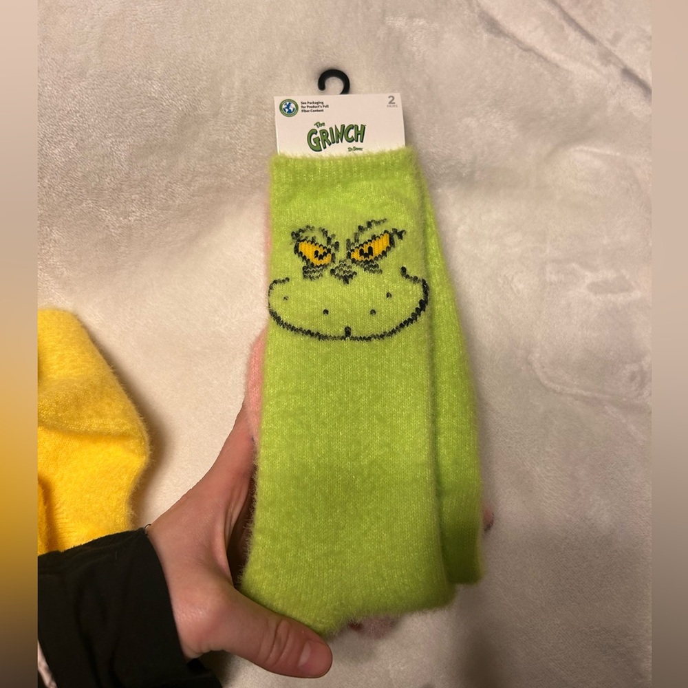 Green grinch and Pink with Red Bow Pattern fuzzy socks